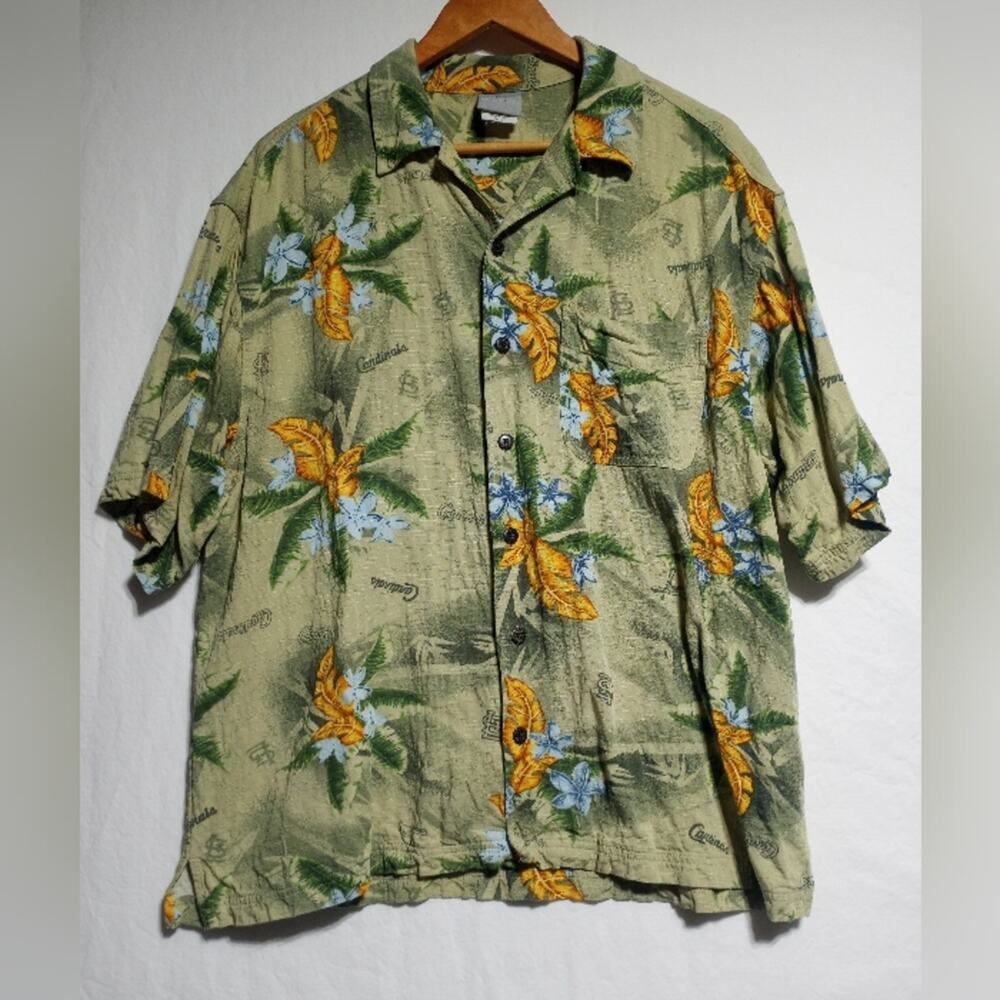St Louis Cardinals MLB Baseball Rayon Hawaiian Shirt Size Large Tan Green Yellow